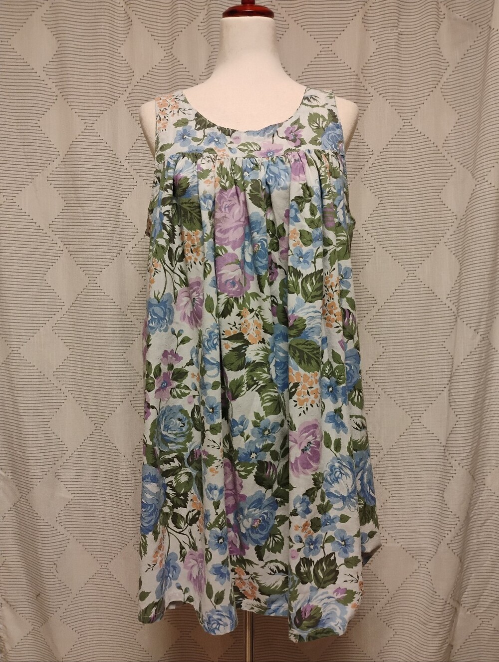 Vintage Floral House Dress Sleeveless Cotton Muumuu Nightgown Blue Purple Rose